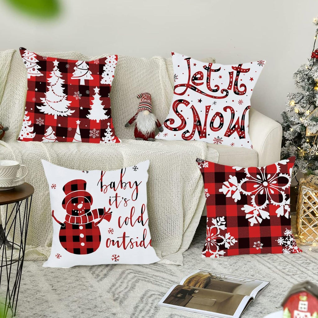 Red and Black Buffalo Plaid Merry Christmas Throw Pillow Covers 18x18 Outdoor Decorative Cases Winter - Set of 4