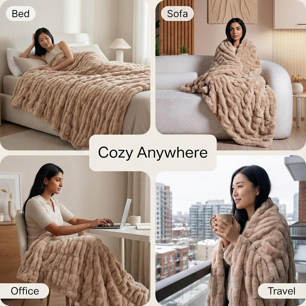 Faux Rabbit Fur Throw Blanket - 50" x 60", Elegant Ruched Design Blanket, Machine Washable and Wrinkle Resistant