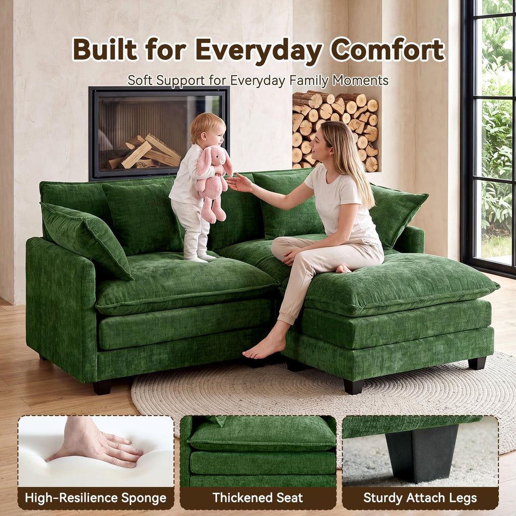 77" Cloud Chenille Sofa Loveseat Couch, Sectional with Ottoman, Green