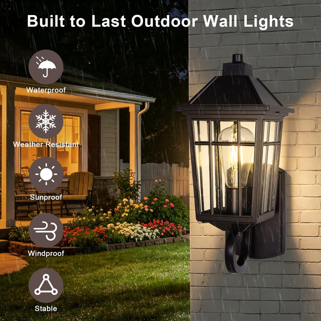 15" Brown Outdoor Wall Light, Rust-Proof Aluminum Waterproof Wall Lantern with Seeded Glass Shade, E26 Hardwired