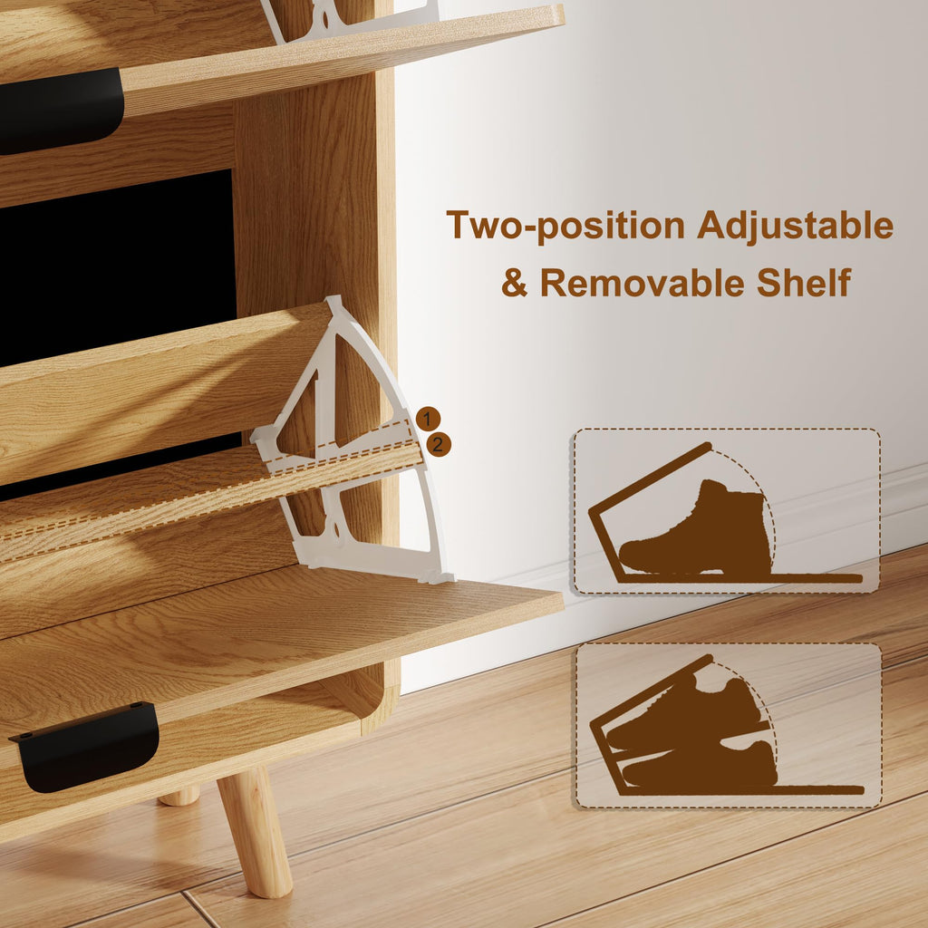 Fluted Shoe Storage Cabinet with 4 Flip Drawers, Oak