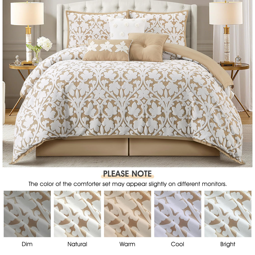 7 Pieces Comforter Set, Khaki, Jacquard Floral Pattern and Classy Damask Medallion Design, Ultra Soft, Includes
