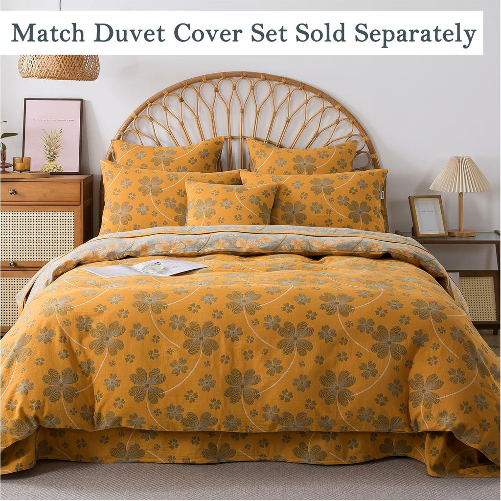 Sheet Set, 100% Cotton Double Gauze, 4-Piece Soft Floral Bed Sheets in Orange & Blue Gray, Deep Pocket Fitted