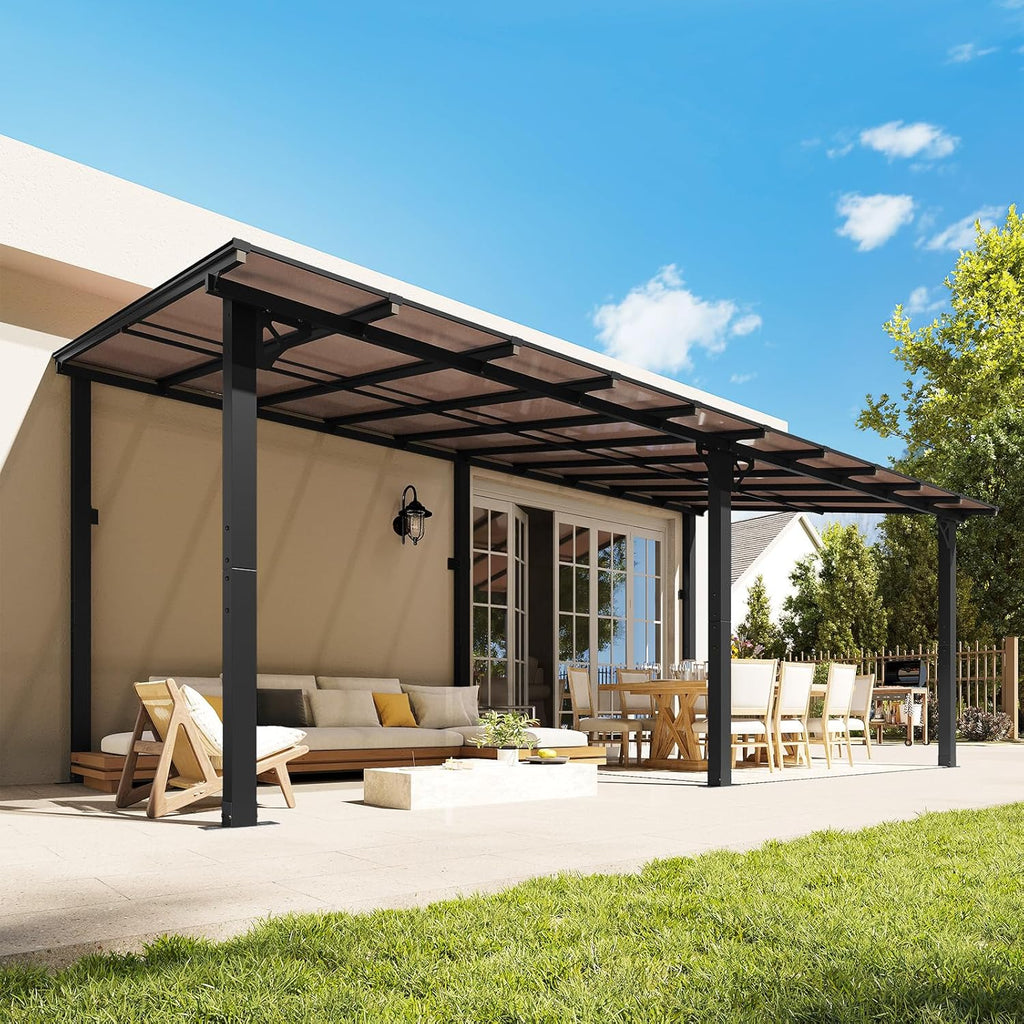 20' x 10' Gazebo Gazebo Pergola with Sloped Roof, Large Wall-Mounted Heavy Duty Awnings (Black)