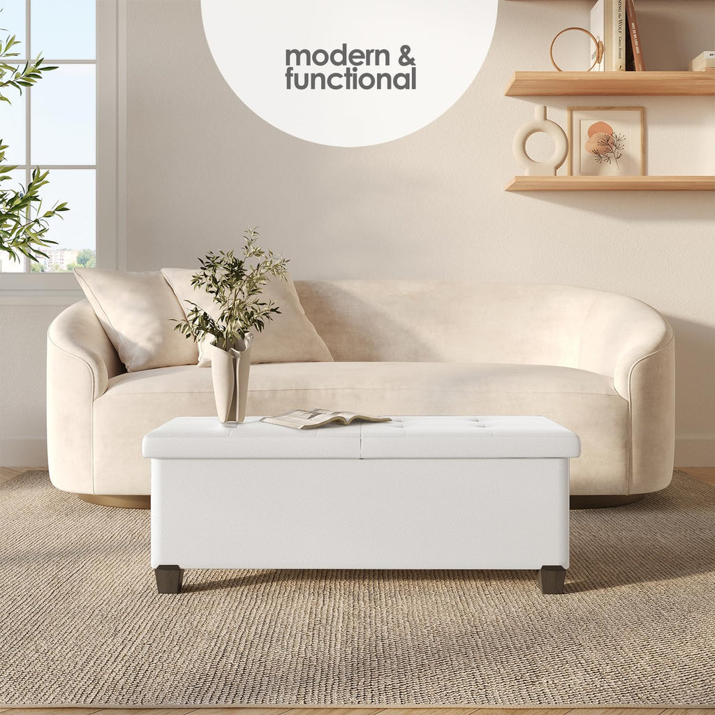 Storage Ottoman Bench with Bins, 43-in Storage Bench End of Bed, Folding Foot Rest Ottoman Max 660lbs, Faux Leather