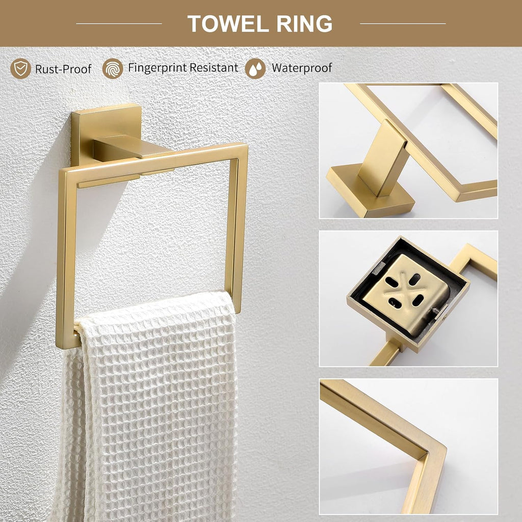 6-Piece Bathroom Towel Bar Sets Brushed Gold 23.6 inch Towel Bar Stainless Steel Towel Ring Coat Hook and Toilet