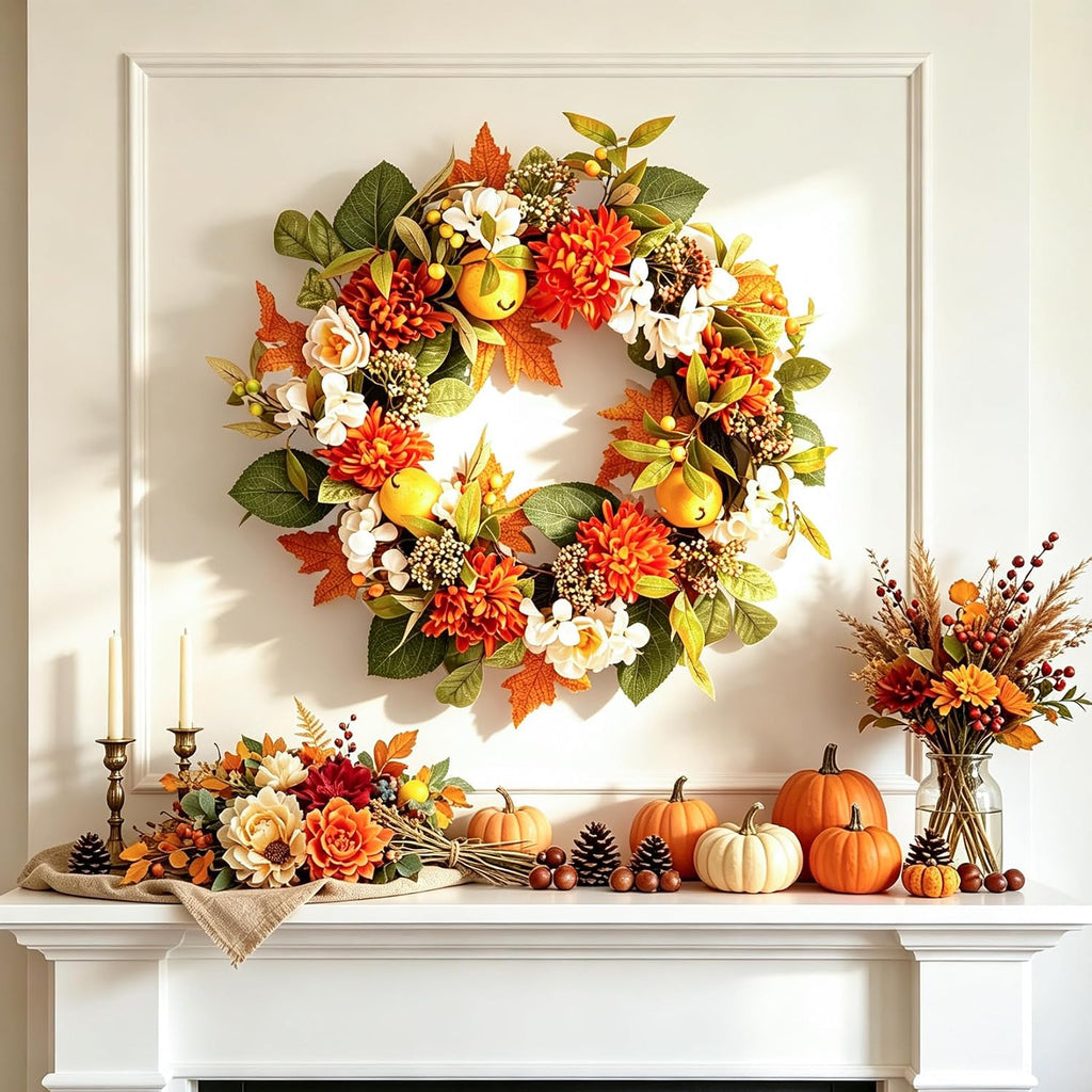 26" Fall Wreath for Front Door, Artificial Large Harvest Fall Wreath | with Pear, Orange Maple Leaf, Dahlia and White