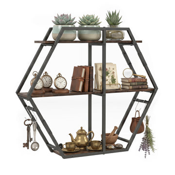 Industrial Hexagon Wall Shelf with 3-Tier Storage Shelves & 4 Hooks