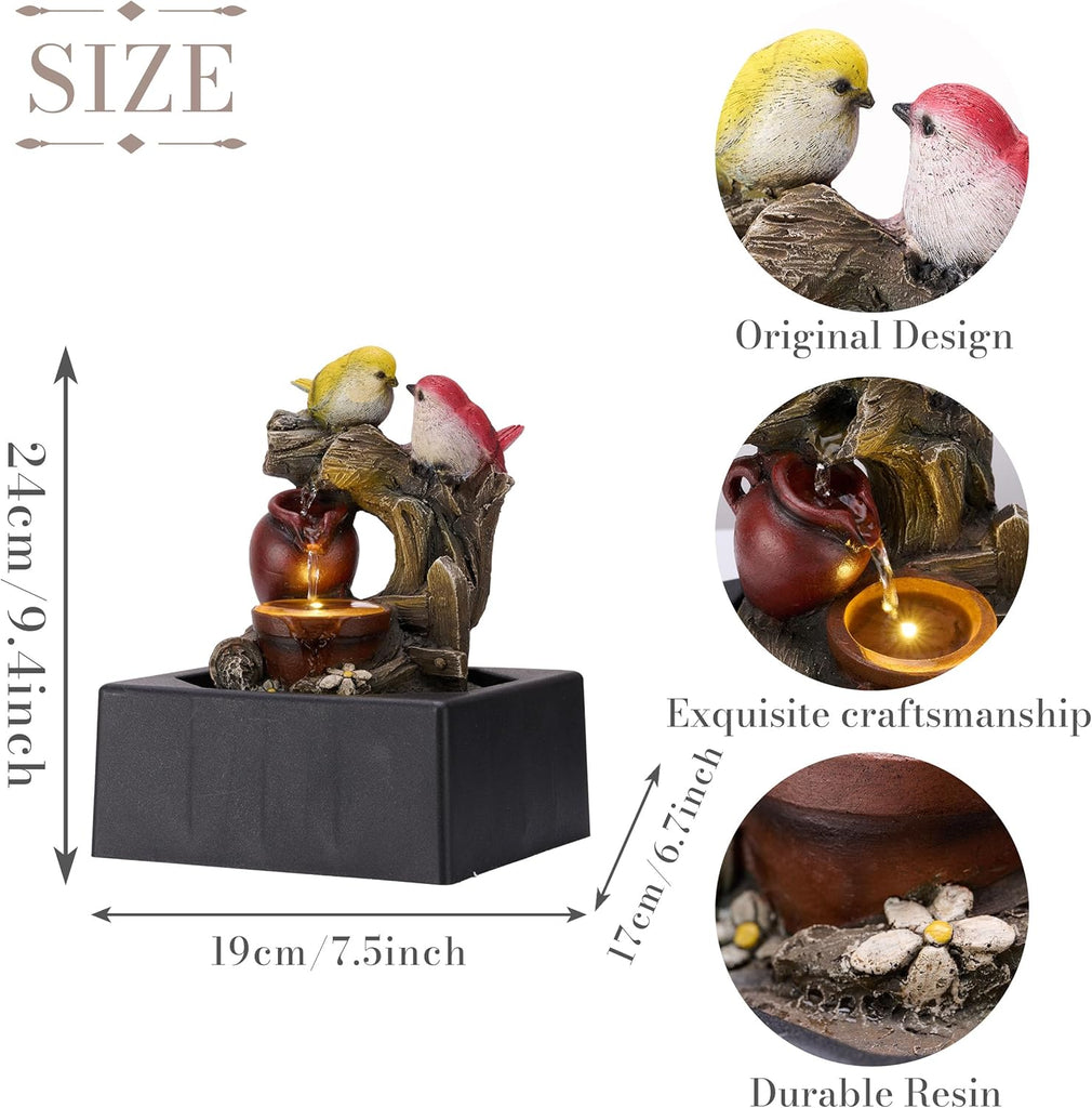 Tabletop Water Fountain Outdoor Decor, Birds Statues Waterfall Fountain Indoor Decor,Include LED Light and Pump,Ideal