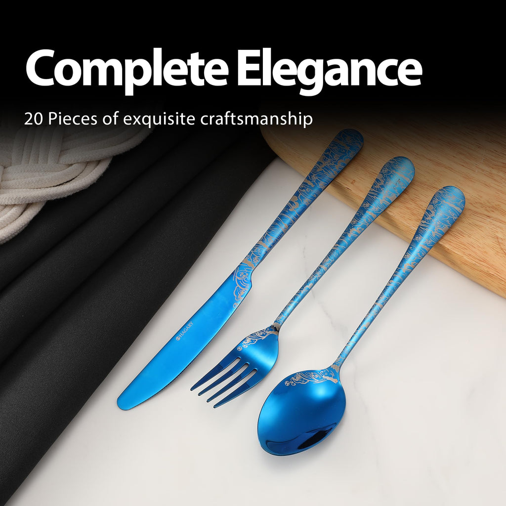 Wave Cutlery Set 20 Pieces Stainless Steel Flatware Set (All Blue)