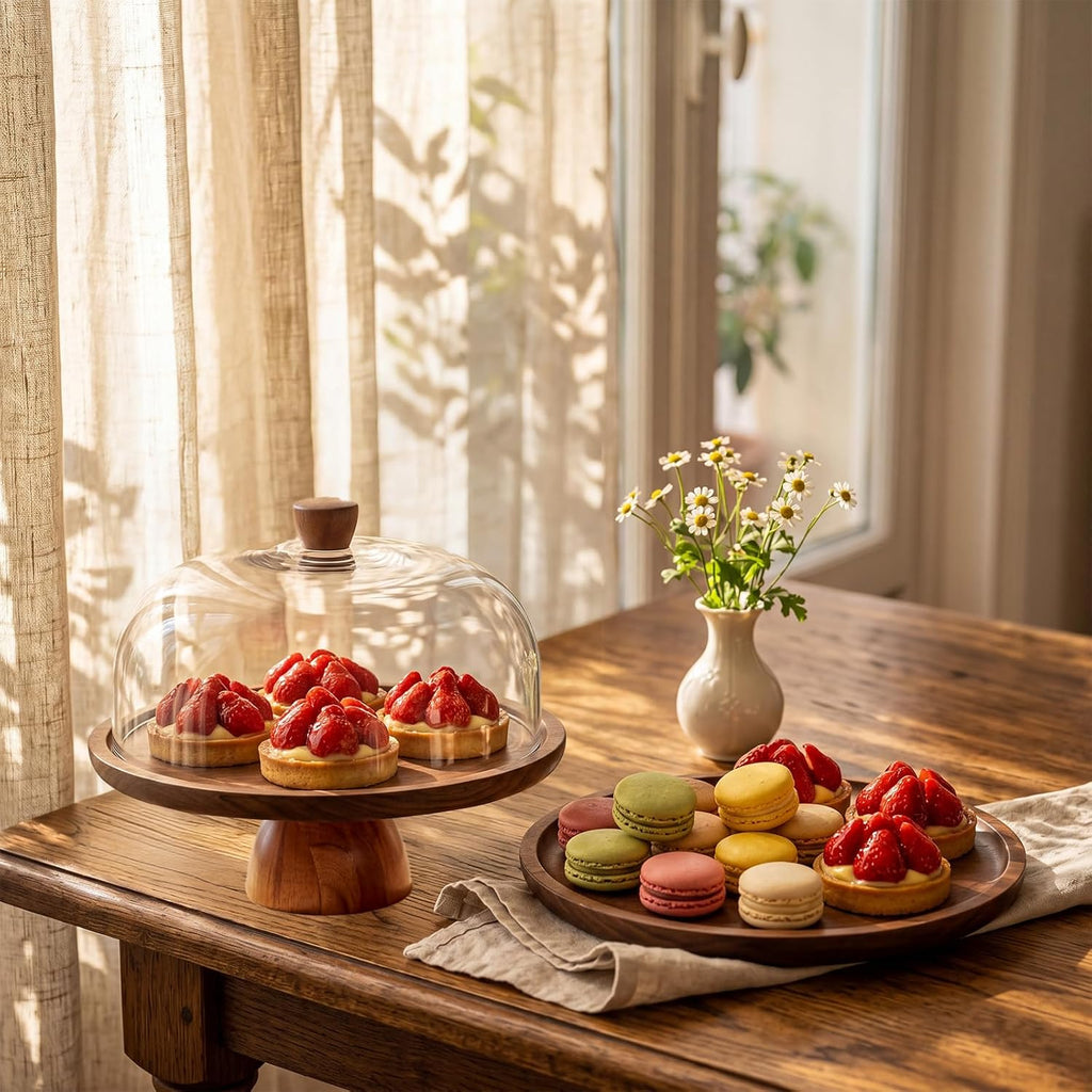 Acacia Wood Cake Stand with Lid, 12in Shockproof Acrylic Dome Display Stand
