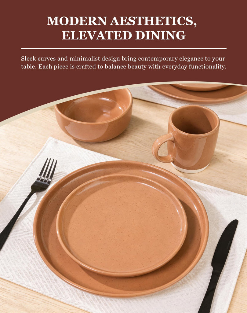 24-Piece Brown Stoneware Dinnerware Set for 6 with Mugs, Plates and Bowls Sets with Partially Unglazed Base, Scratch