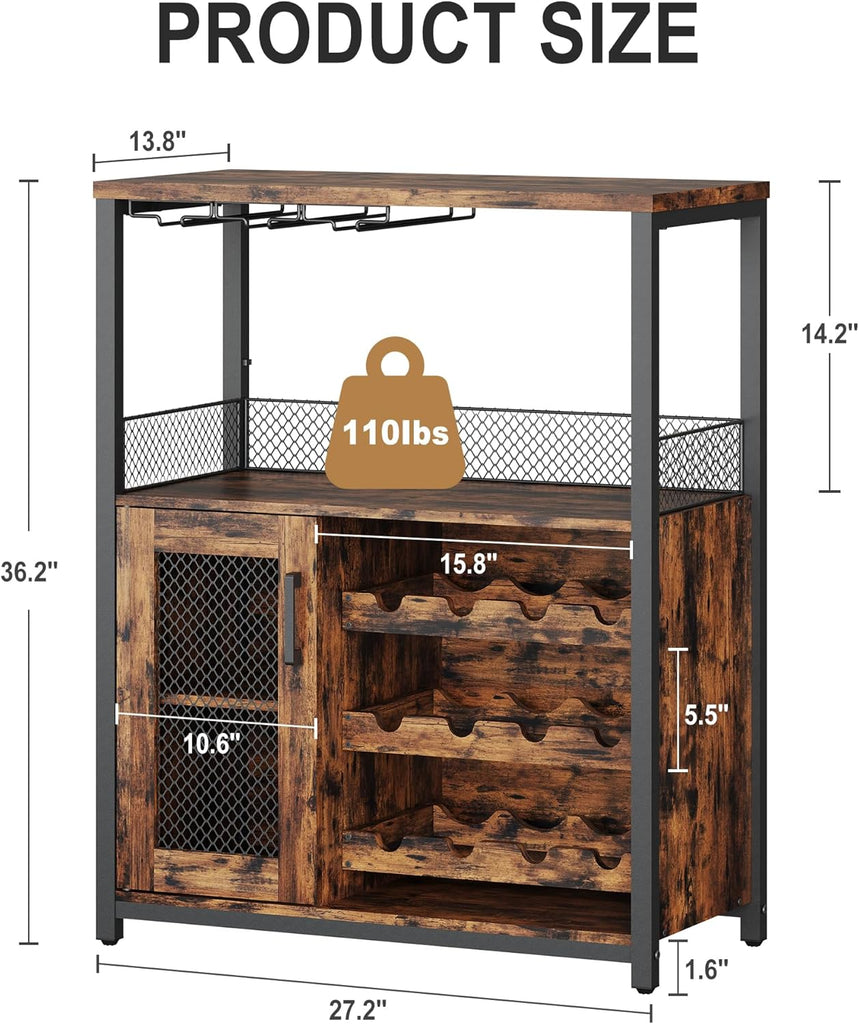 Wine Bar Cabinet with LED Lights, Liquor Cabinet with Storage | 3-Tier Coffee Bar Cabinet with Wine Rack, Glass