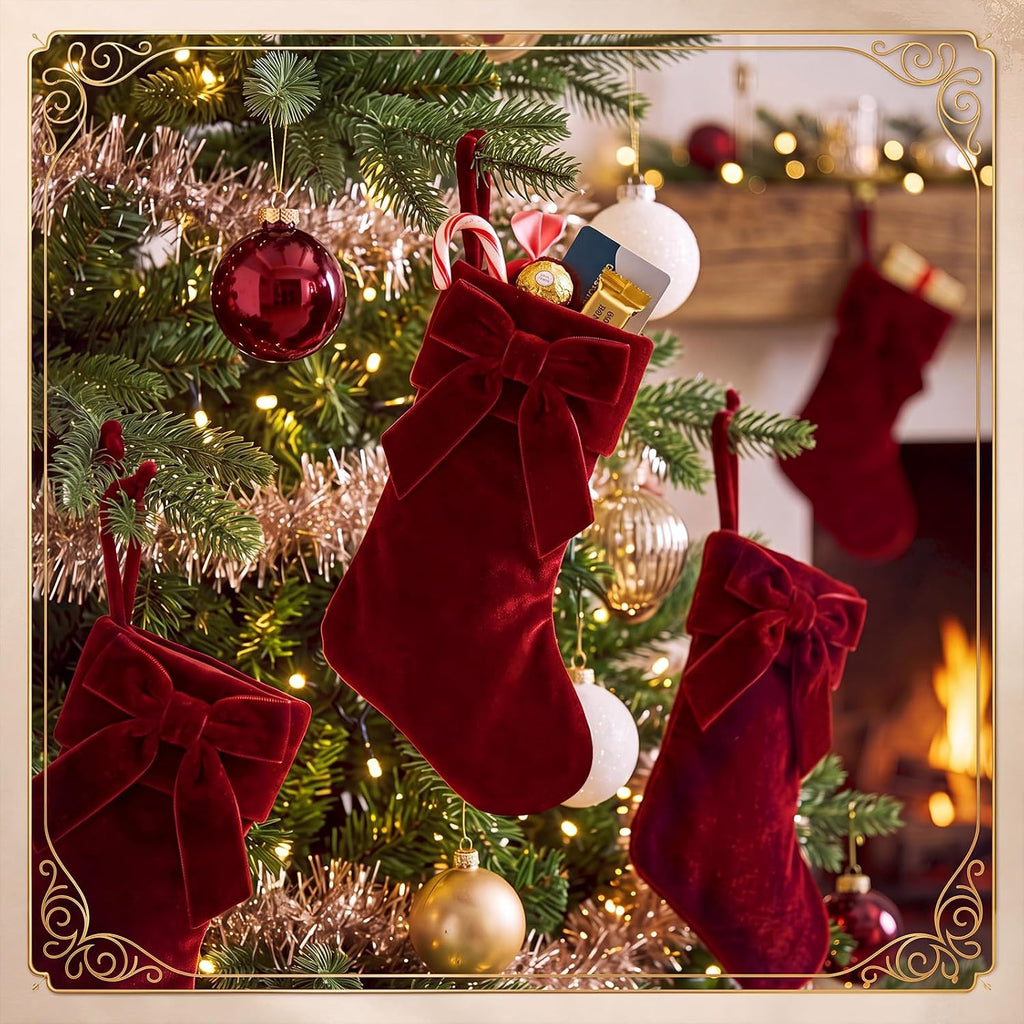 Christmas Mini Stockings 9 Inches Burgundy Velvet Stocking with Bow - Set of 12