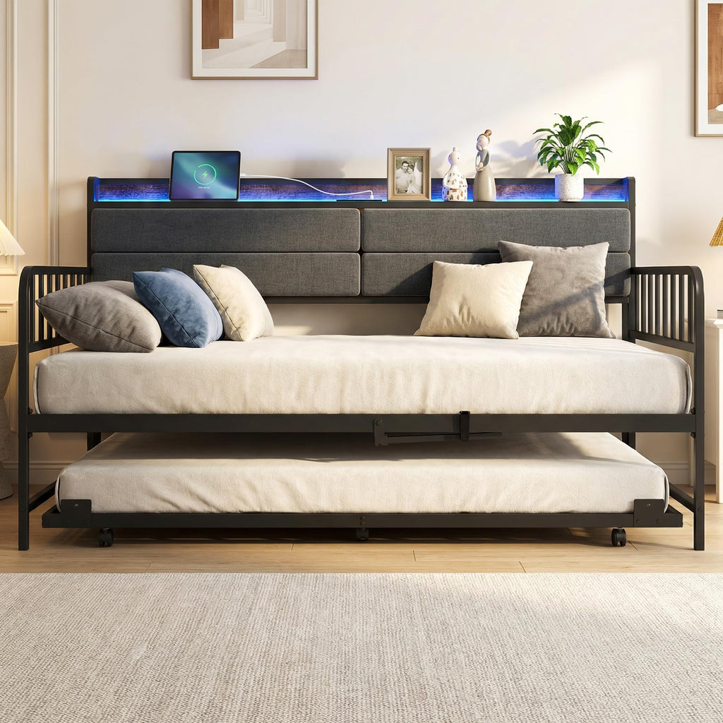 Twin Size Daybed with Trundle & LED Light, Metal Bed Frame with Upholstered Storage Headboard & Charging Station