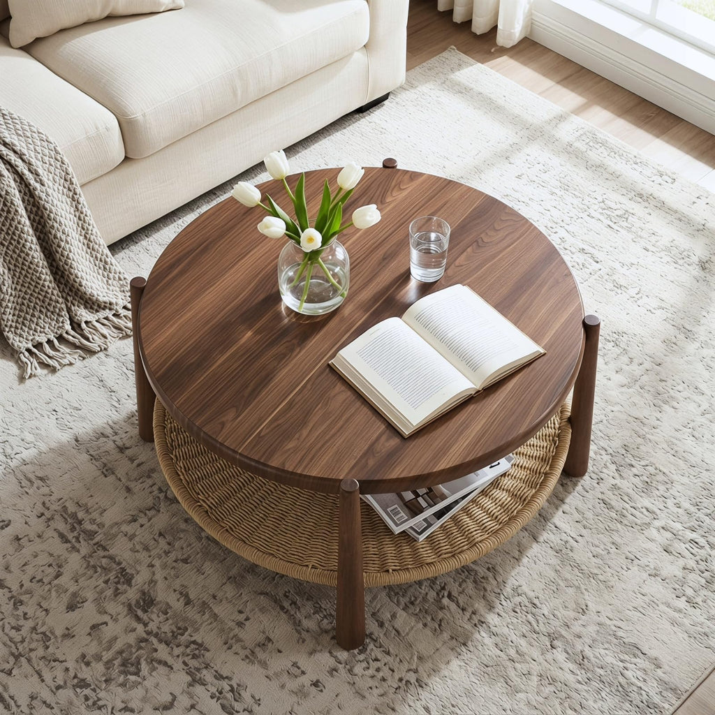 Round Coffee Table with Woven Storage Shelf, Walnut Brown