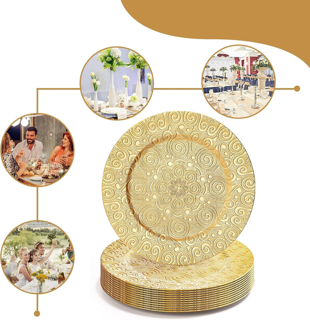 Gold Charger Plates, 13 Inch Plastic Dinner Plate, Reusable Round Phoenix Pattern Elegant Serve Ware Plates - Set of 12