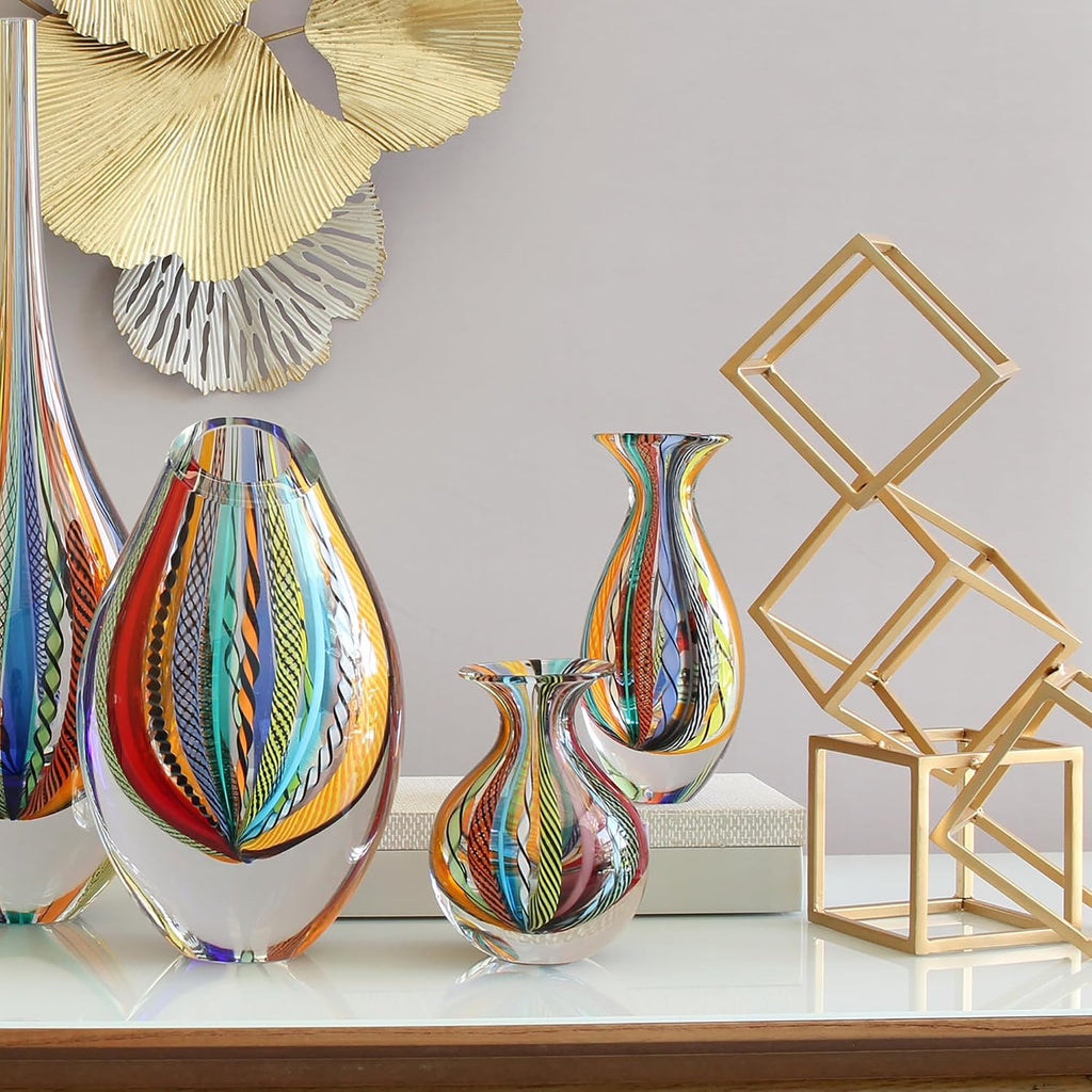 Murano Style Glass Vases Hand Blown Colored Canes Boho Effect Home Decor - Set of 2