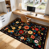 5x7 Washable Floral Area Rug, Soft Non-Slip Carpet for Kids Girls Room Bedroom Black