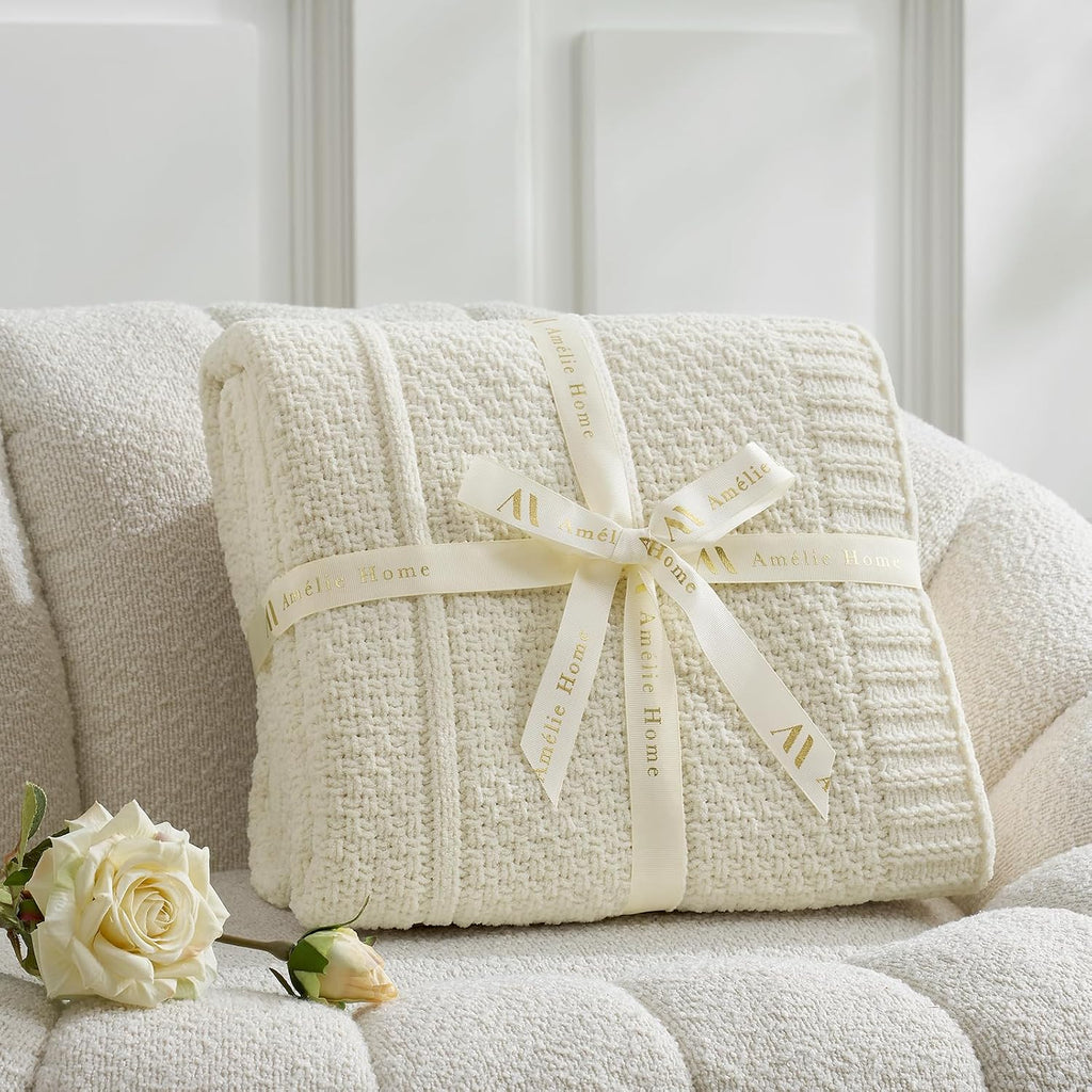 Premium Chenille Throw Blanket, Soft Cozy Moss Stitch Knit Blanket, Chair, Home Decor, Cream White 50"x60"