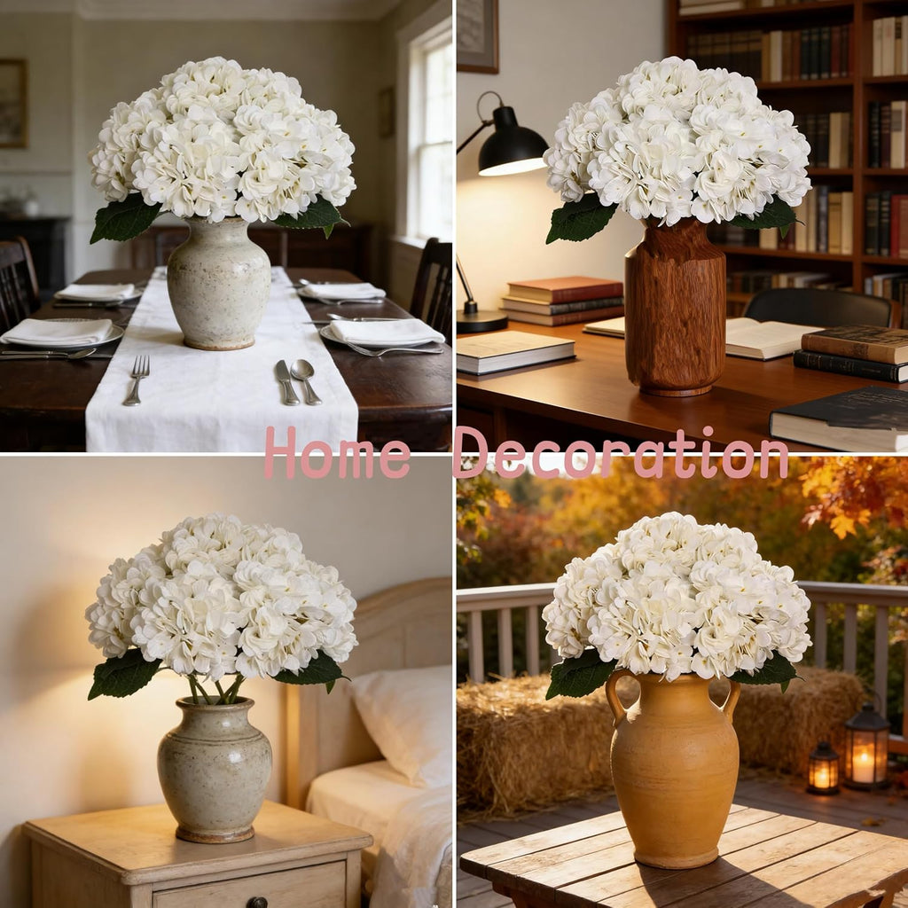 White Hydrangea Artificial Flowers Silk Fake Hydrangeas - Set of 6