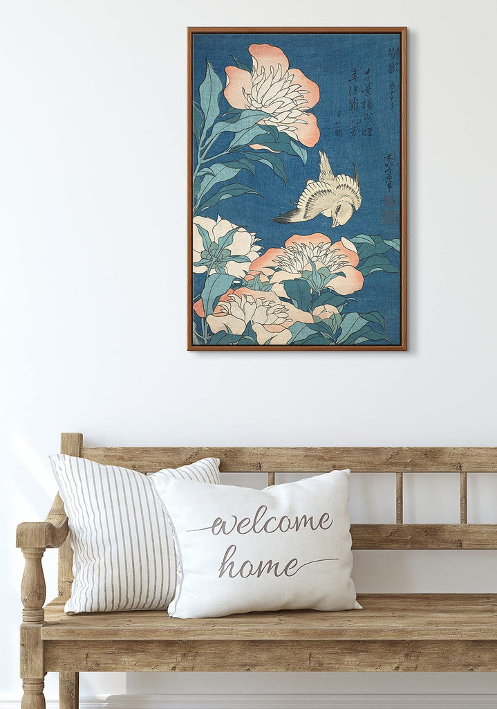 Floating Frame Canvas Print Wall Art - Japanese Woodblock Print Peonies and Canary by Katsushika Hokusai - 16x24