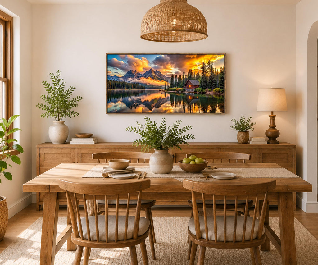 Large Framed Rustic Mountain Lake Wall Art, Forest Cabin Sunset, 24x48 In