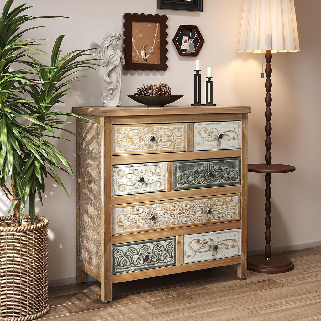26" Vintage Freestanding Storage Chest, Accent Cabinets with Carved Details, Utility Organizer with Multi Drawers