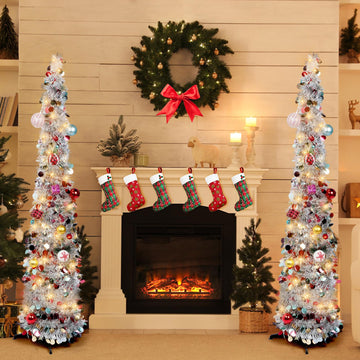 2 Pieces 5 ft Silver Pop up Christmas Trees with 50 LEDs