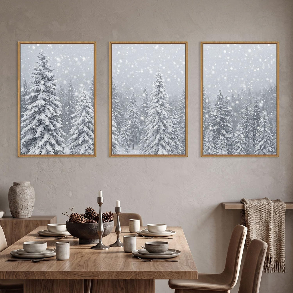 Winter Christmas Tree Snowy Forest Scene Framed Canvas Wall Art Set, Natural Snow Covered Pine Tree Snowflake Wall