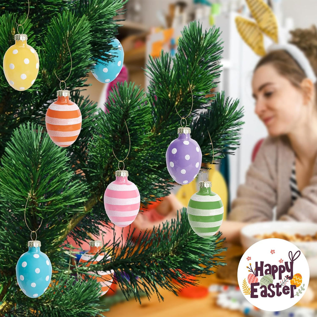 Glass Easter Hanging Eggs- 1.8 Inch Easter Eggs Hanging Ornaments- Dots Stripes Easter Decorations Eggs Tree - Set of 12