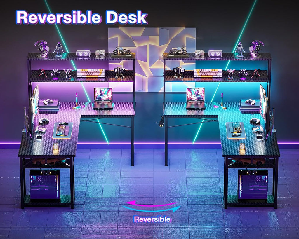 53 Inch L Shaped Gaming Desk with Hutch & Headphone Hook | Black Corner Computer Table with LED light & Storage