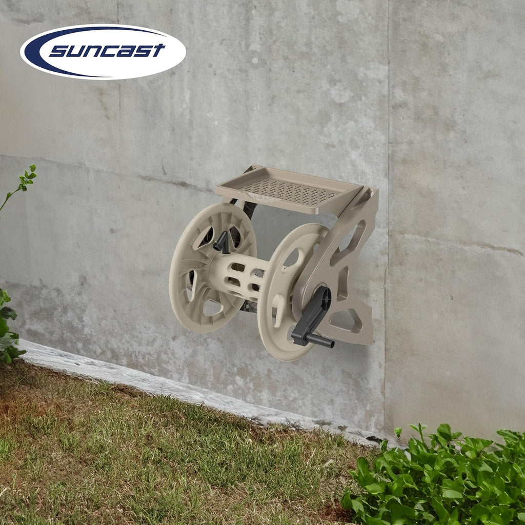 Handler Durable Hard Plastic Wall Mounted Outdoor Retractable Garden Hose Reel with Storage Tray and 200 Feet Hose