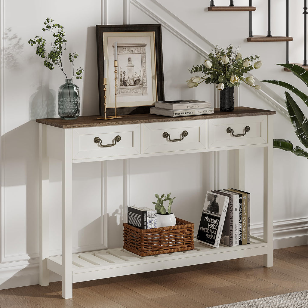 47" Farmhouse Entryway Table with 3 Drawers and Storage Shelf