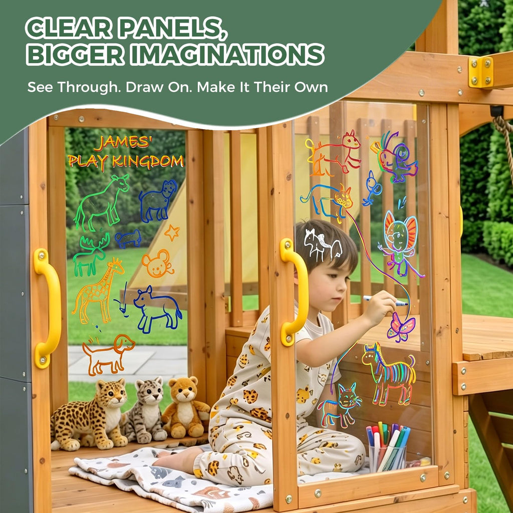 Wooden Swing Sets for Backyard, Outdoor Playset with Climbing System