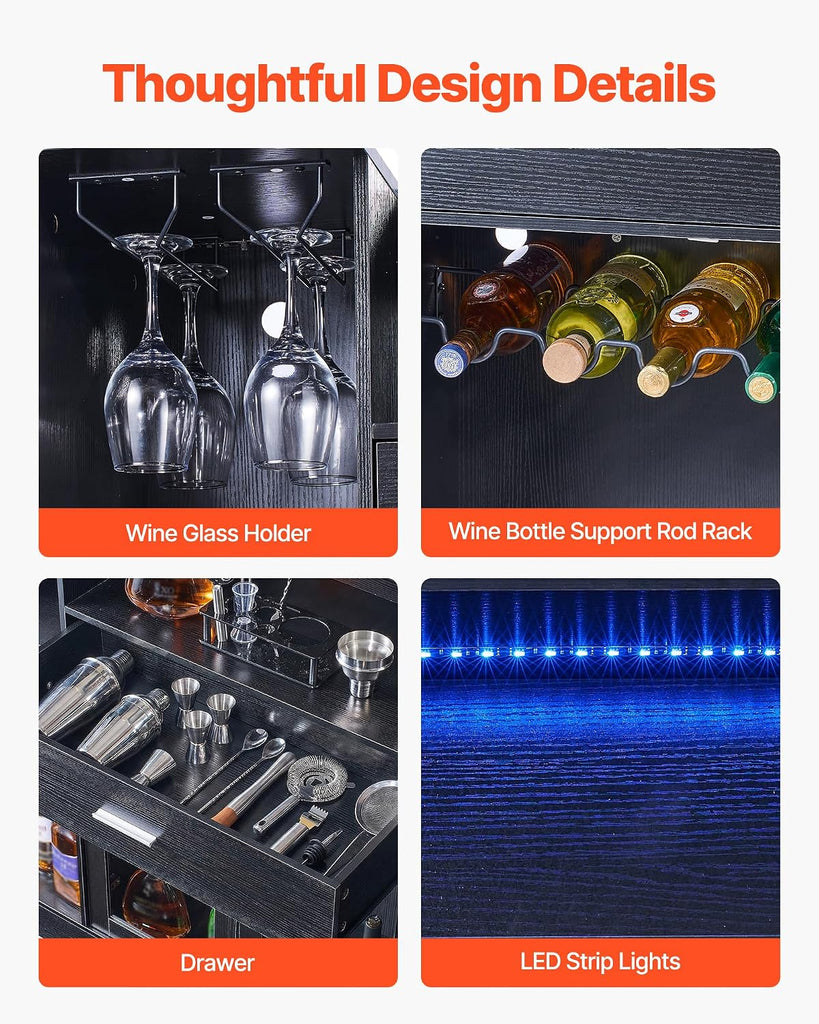 Home Bar Unit, Wine Bar Cabinet Table 4-Tier with Storage Drawer Shelves, Wine Glass Holder, Bottle Rack, LED Light