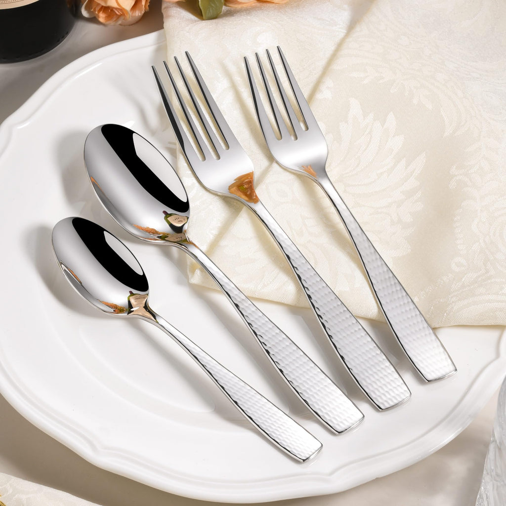40 Piece Hammered Silverware Set for 8, 18/10 Stainless Steel Flatware