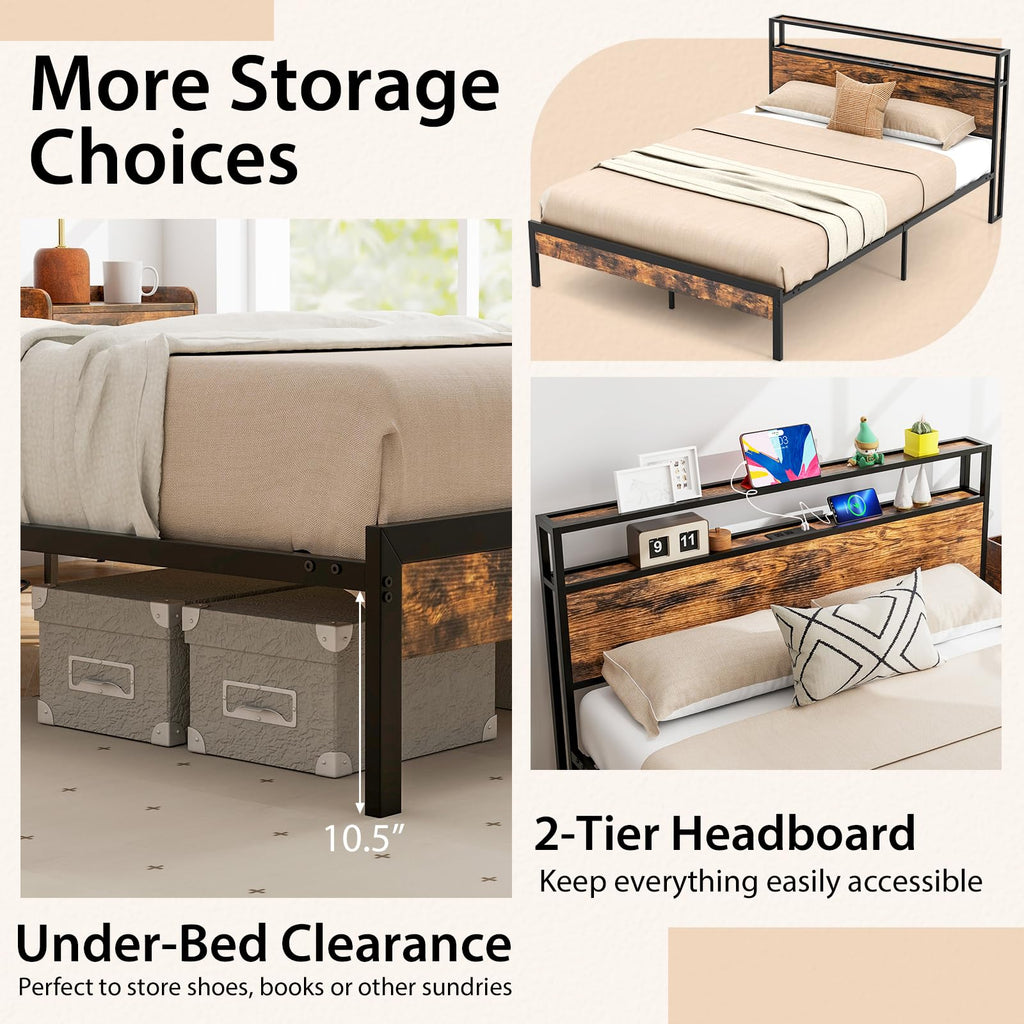 Bed Frame with 2-Tier Storage Headboard, Industrial Metal Platform Bed with Charging Station, Heavy Duty Metal