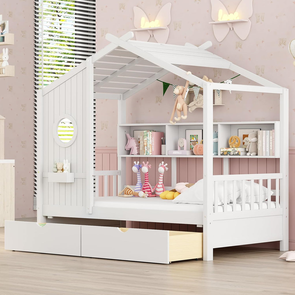 Twin Size House Bed with Storage Drawers,Kids House Bed Frame with Shelves,Cute Wood House Bed Twin with Roof for