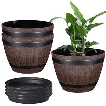 Plant Pots with Drainage Holes & Saucer, 13 Inch Flower Pots with Tray, 3 Pack Plastic Whiskey Barrel Planters for