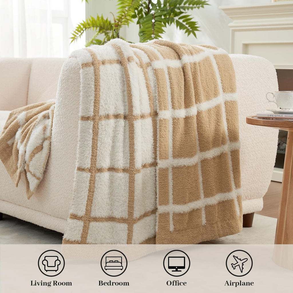 Faux Fur Throw Blanket, Plaid Beige, 50"x60"