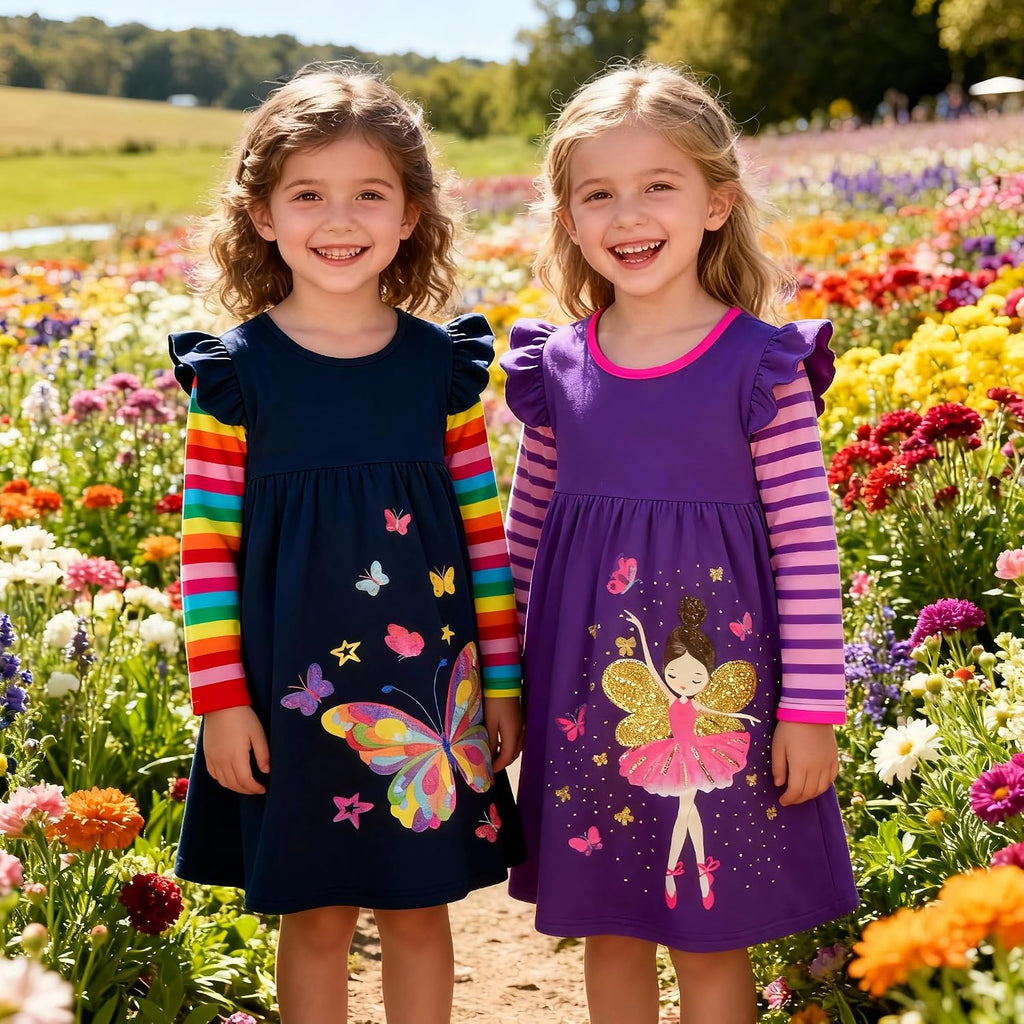 Toddler Girls Winter Long Sleeve Dress Rainbow Cotton Dresses