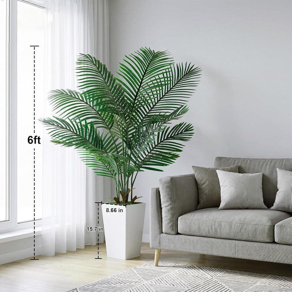 6FT Artificial Palm Tree, Palm Tree 72in Tall Faux with 15.7 White Planter, Fake Potted Tree with Lifelike Leaves