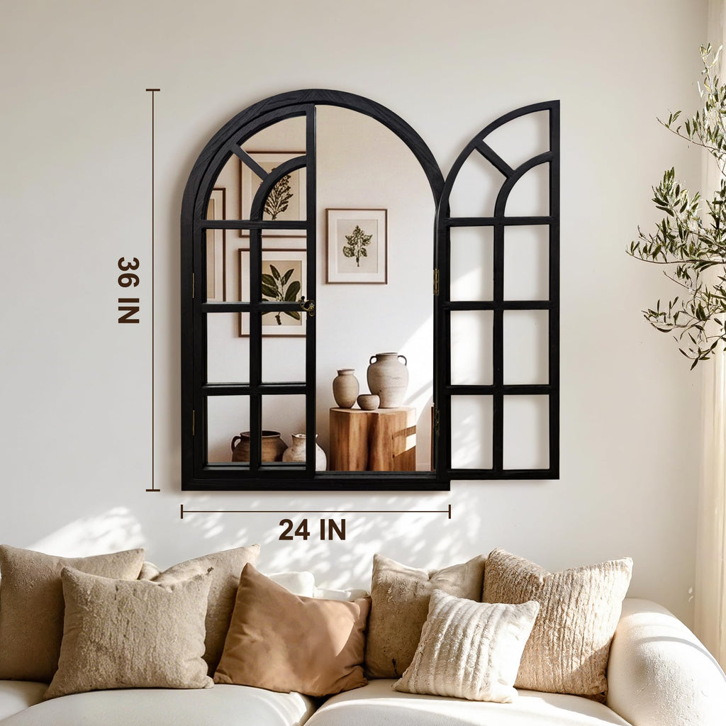 Arched Wood Mirror for Wall, 24" x 36" Rustic Farmhouse Mirror, Black