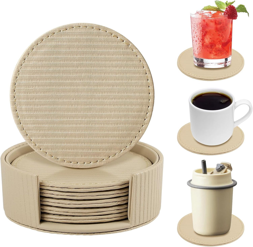 Leather Coasters with Holder, Tabletop Protection, Coffee Table & Bar Decoration, Modern-Style Drink - Set of 6