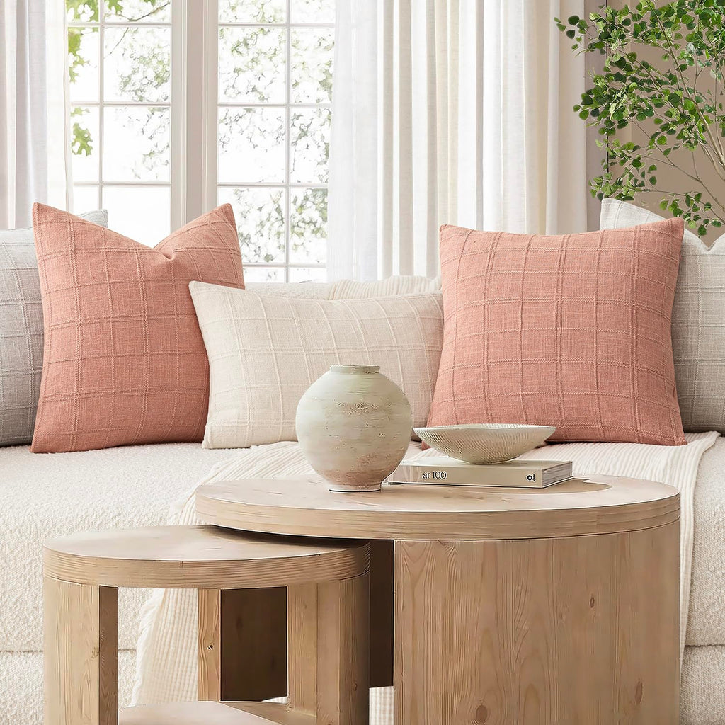 Boho Linen Check Decorative Throw Pillow Covers 22×22 Coral Pink