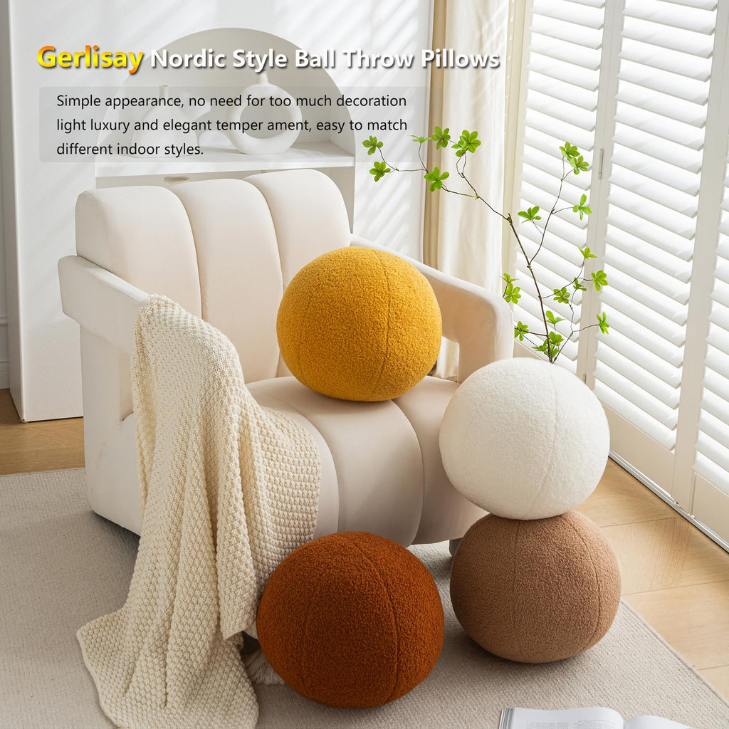 Ball Pillow, Round Sphere Decorative Throw Pillow Boucle 11.8" Caramel