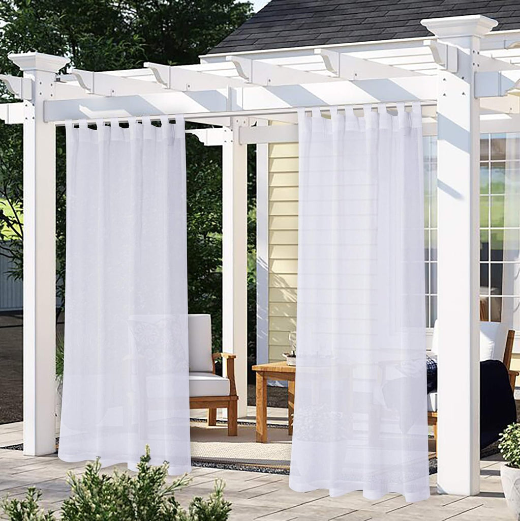 Burlap Linen Look Outdoor Curtain for Patio - 2 Panels Waterproof Tab Top Sheer Curtains for Pergola, Porch, Cabana and Gazebo Indoor/Outdoor Voile Sheer Drapes, 52 x 95 Inch, White
