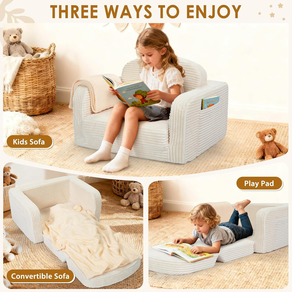 2 in 1 Convertible Kids Couch - Corduroy Fold Out Kids Sofa Chair with Blanket, Comfy Comfortable Toddler Chair