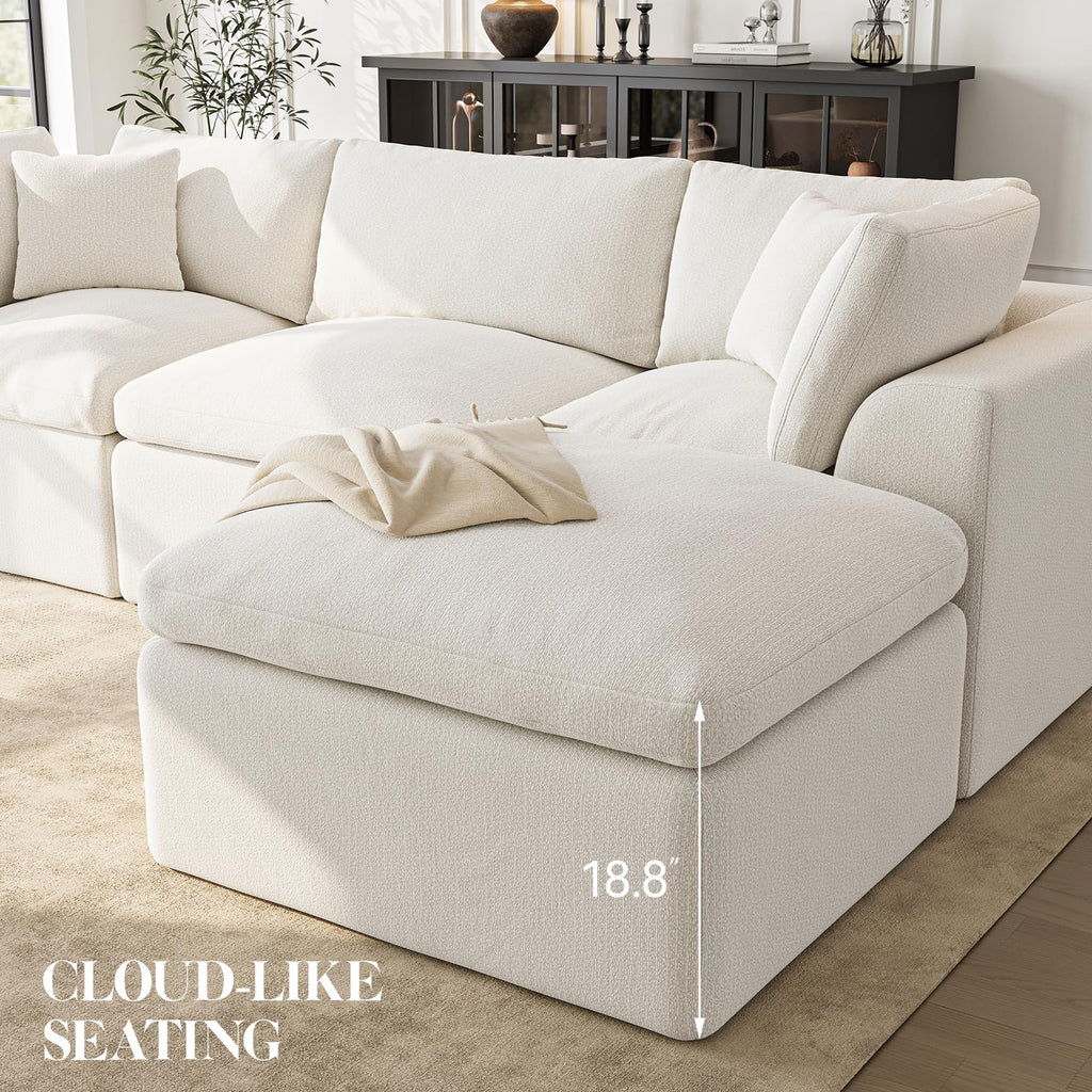 Cloud Sectional Couches | 108 Inch L-Shaped Boneless Couch with Ottoman | Modular Sectionals Sofa Couch Ivory White